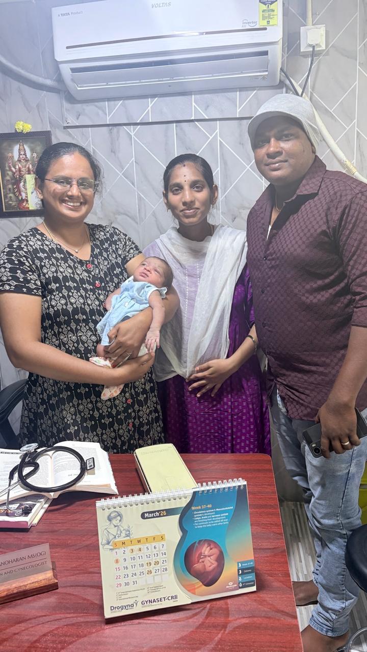 Dr. M. Srija with a newborn and family at Sri Sai Clinic & Scans