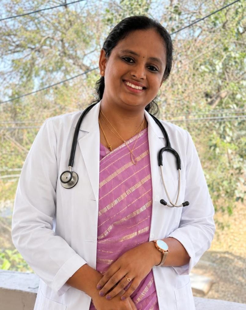 Dr. M. Srija seated in consultation room at Sri Sai Clinic